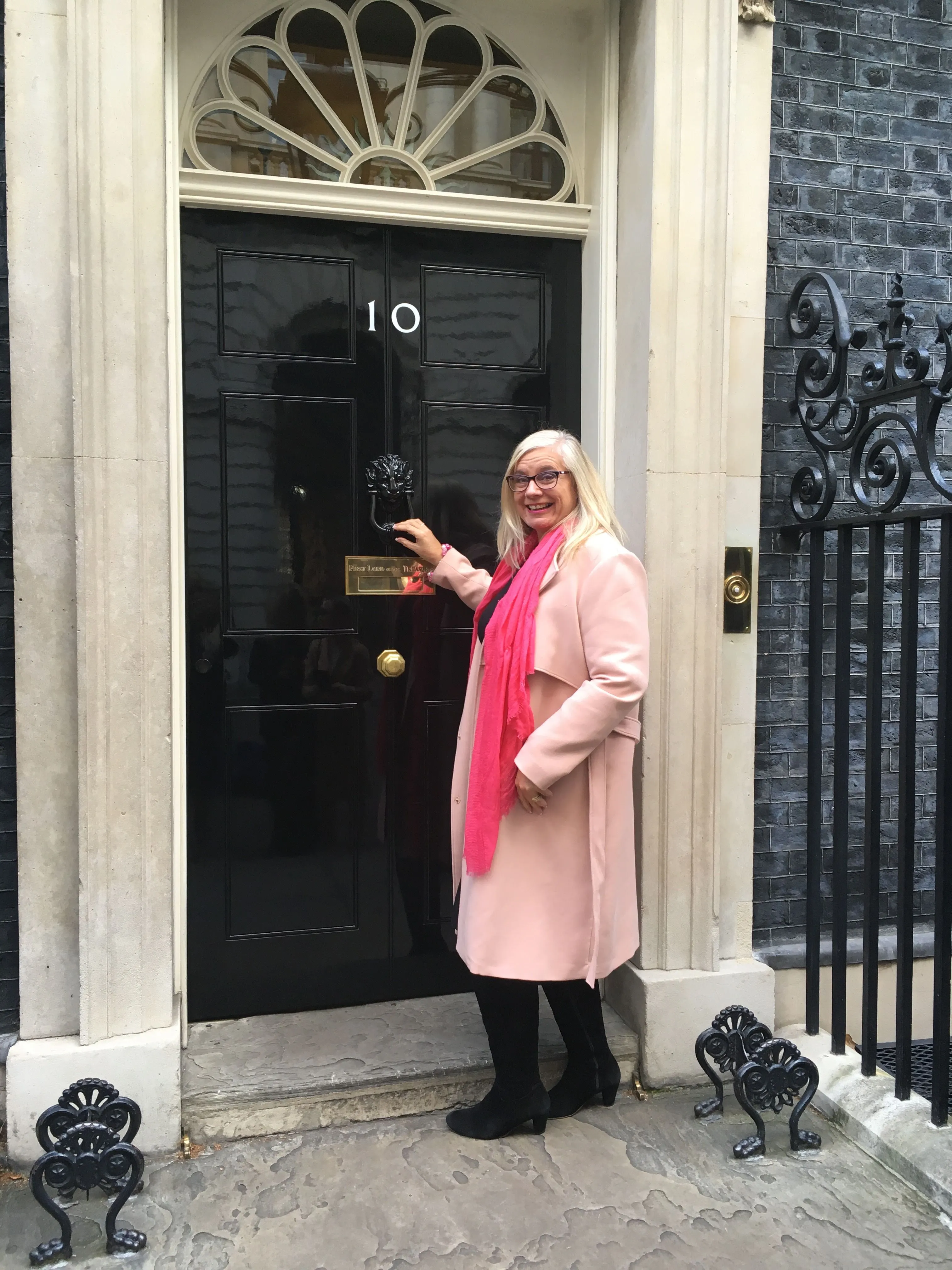 Alison on the doorstep of 10 Downing Street.